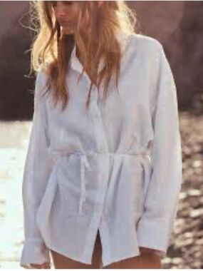 Zara White Button-Front Tie Waist Linen Shirt